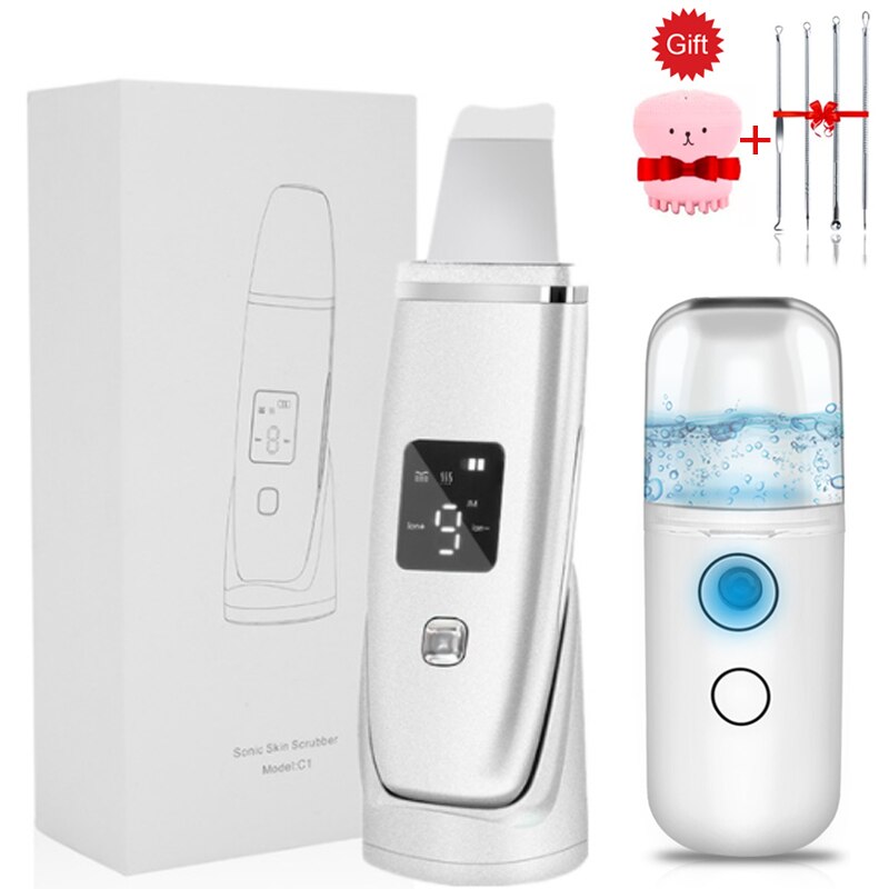 Lcd ultrasone huidreiniger en usb gezichtsstomer luchtbevochtiger diepe facelift reinigingsmachine peeling schep gezicht poriën reinigen: Witte kit met doos