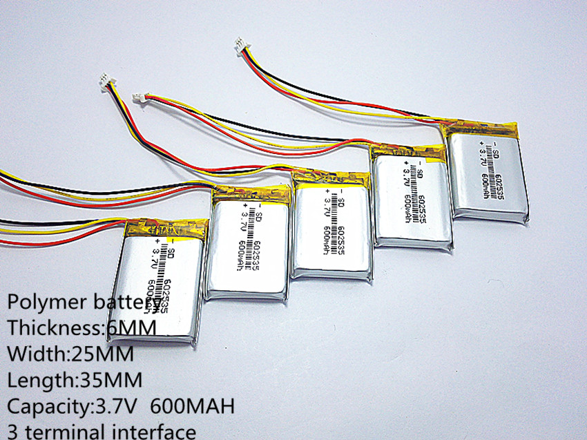 3 line 3.7V thium polymer battery 602535 600MAH Liter energy battery the video recorder 388