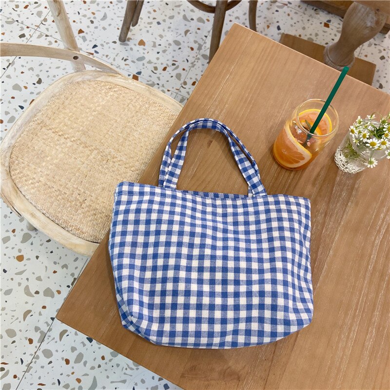 neue Tragbare Mittagessen Tasche Japanischen Plaid Baumwolle Picknick Lebensmittel Tasche Frauen Einfache Kleine Trage Koreanischen Stil Kinder Mittagessen Taschen kinder: Sky Blue