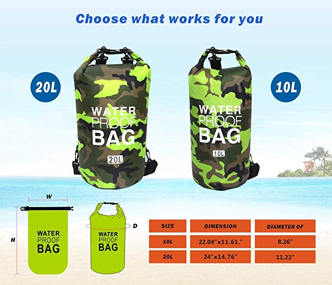 PVC Waterproof Dry Bag 10L 20L Camo Outdoor Diving Foldable Man Women Beach Swimming Bag Rafting River Ocean backpack