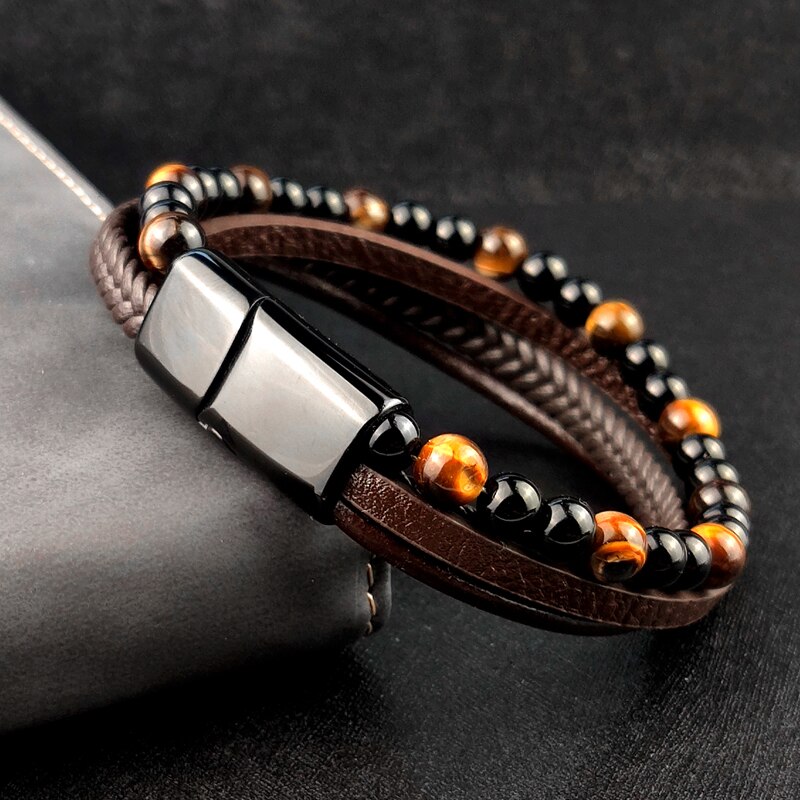 Pulseira de couro trançado para homens vintage, 4 tamanhos de tigre, pedra de amuleto, pulseira étnica rústica de aço inoxidável com contas