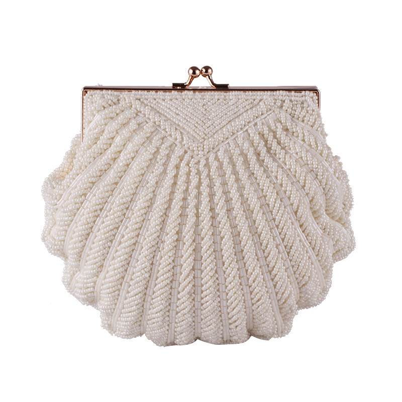 Dames Clutch Bag Avond Clutch Bruiloft Bruids Tote Parel Kralen Mode Shell Ketting Party Bag Roomwit: Default Title