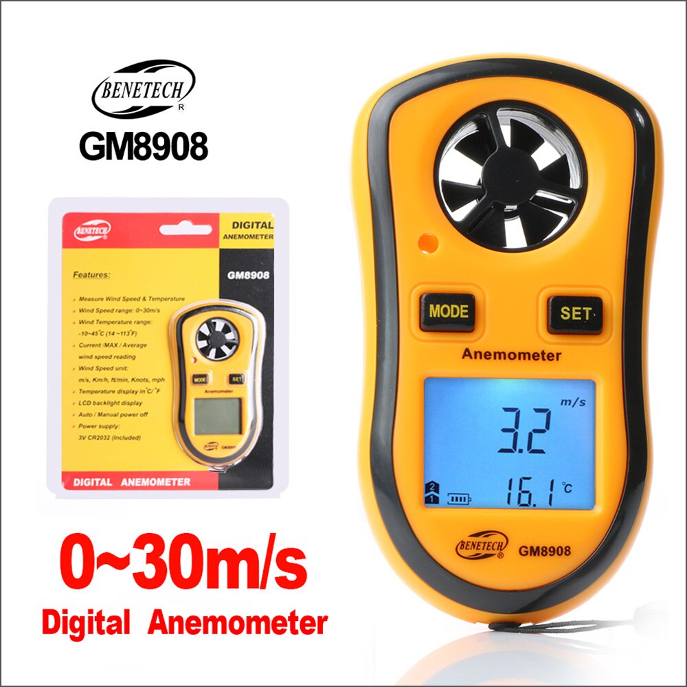 Benetech Anemometer Digitale Handheld Wind Gauge Meter Luchtsnelheid Temperatuur Anemometer GM8908 0-30 M/s Wind Meter