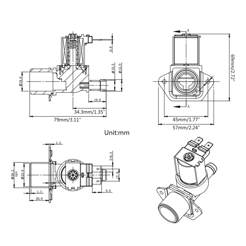 Water Inlet for Electric Solenoid for 220V/12V/24V 3/4" Male Thread Easy Installation for Dishwasher Washing