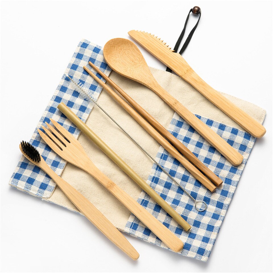 Hout Bestek Servies Vork Lepel Mes Tandenborstel Eetstokjes met Bestek Zak Draagbare Bestek Reizen Bestek Set