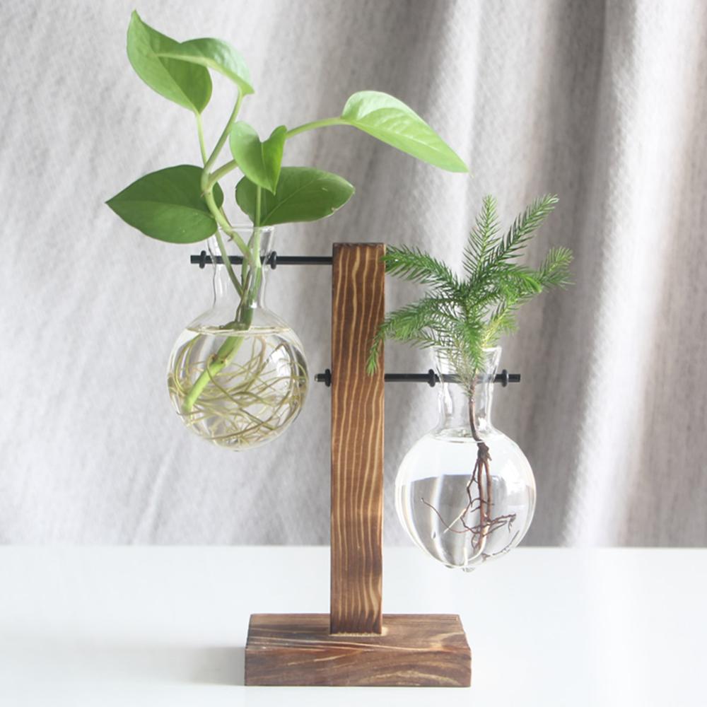 Glas og træ vase plante terrarium bord desktop hydroponics plante bonsai urtepotte hængende potter med træbakke boligindretning: Type 5