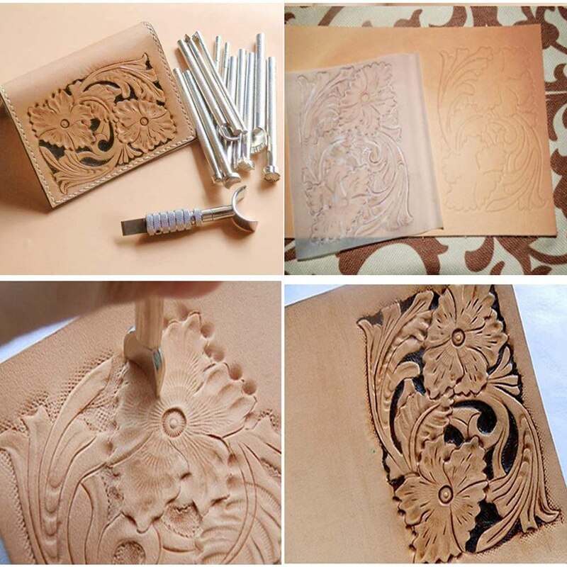 28PCS Leather Embossing Tools Leather Craft Tools Different Shape Stamps Set DIY Punch Wooden Hammer Embossing Beveler Tools Kit