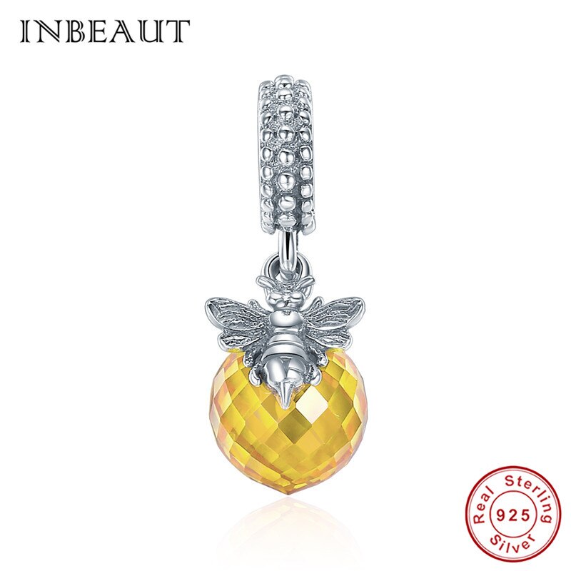 Inbeauté pingente de prata esterlina 100%, amarelo esmalte, abelha, redondo, marrom, zircônia cúbica, ninho de abelha, pulseira de marca fit