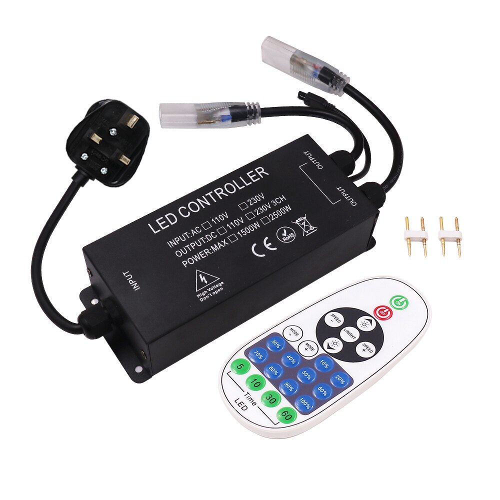 110V 220V Dubbele Hoofd Uitgang Dimmer Met 23key Rf Afstandsbediening 2500W 6 Mm 12 Mm 15mm Pcb Voor Led Strip Neon Light Eu/Uk/Us/Au: UK Set / 6MM