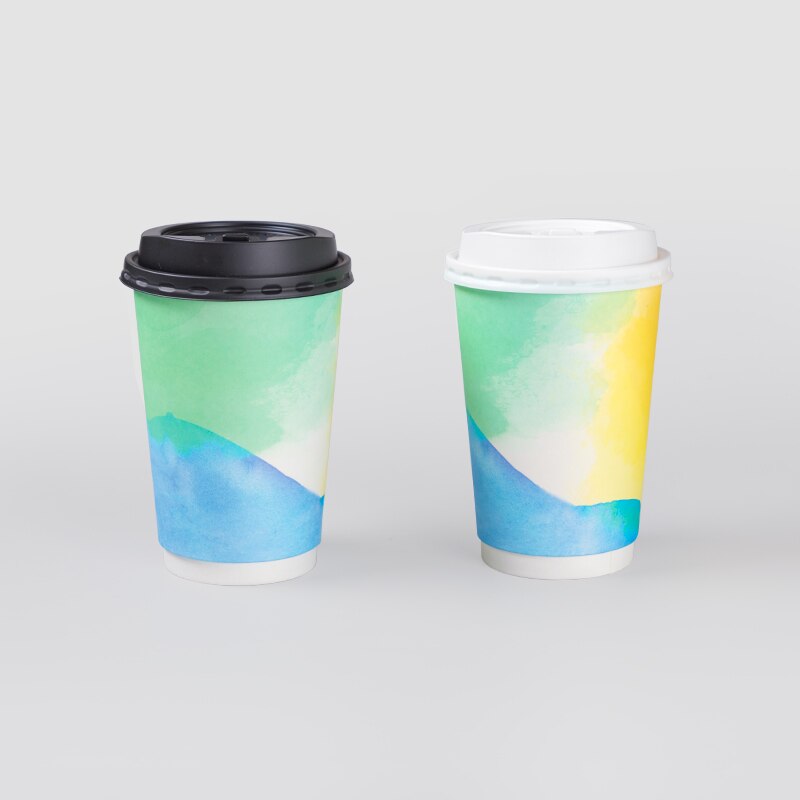 25pcs Net red disposable coffee cup 16oz 500ml double layer paper drinks paper cups colorful light blue drinking cup and lid