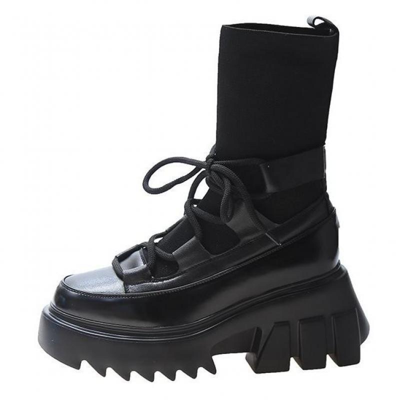Botas cortas negras de otoño e invierno, nuevos zapatos para mujer, botas de plataforma INS para mujer, tela elástica de tacones gruesos