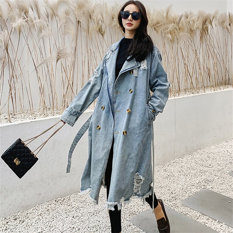 Vintage Denim Trench Coat Women Classic Double Breasted Hole Long Windbreaker Female Spring Street Loose Denim Coat