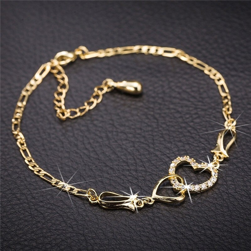 Doreen Box Anklet Heart Cubic Zirconia Gold Silver Color On Foot Ankle Bracelets For Women Leg Jewelry 25cm Long, 1 PC