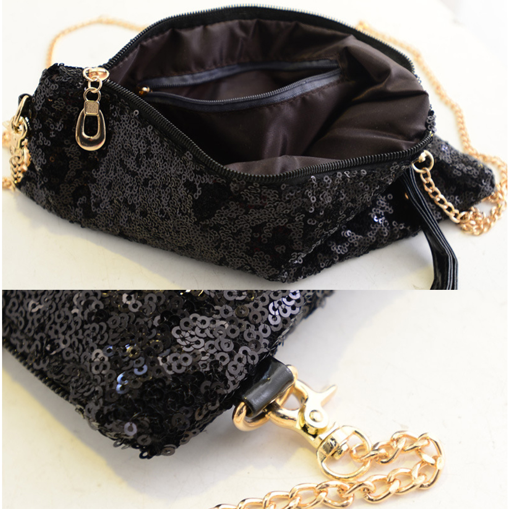 Sac à bandoulière avec sangle détachable pour femme, sac à paillettes de soirée, fermeture éclair, noir, or, argent, chaîne à paillettes, à la , #734