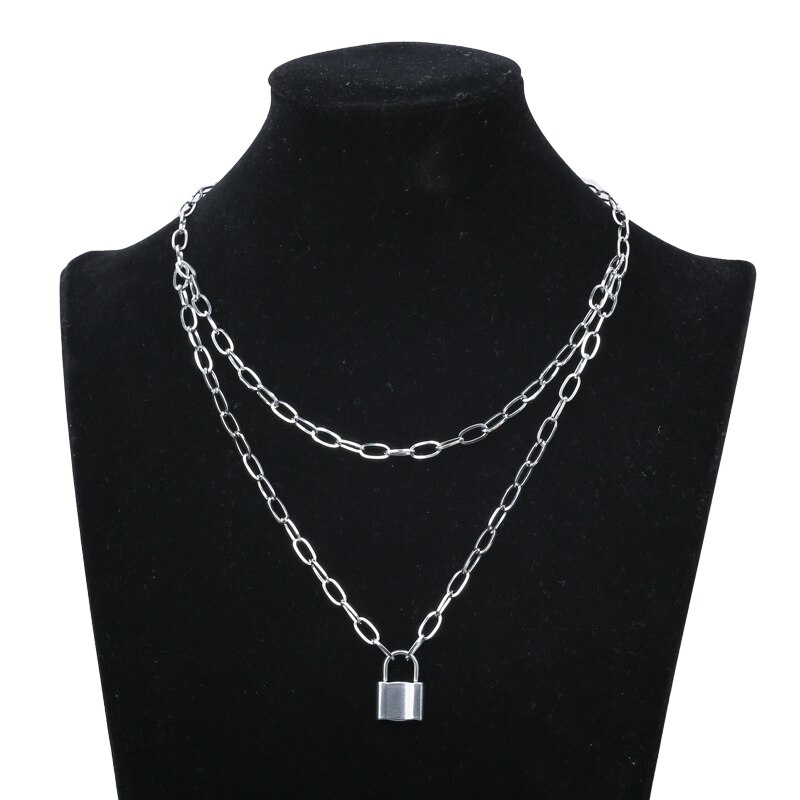 Collier pour femmes, pendentif avec chaîne à maillons en acier inoxydable, sur le cou, chaînes Punk, ras du cou, bijoux gothiques, esthétique: Lock Pendant-1