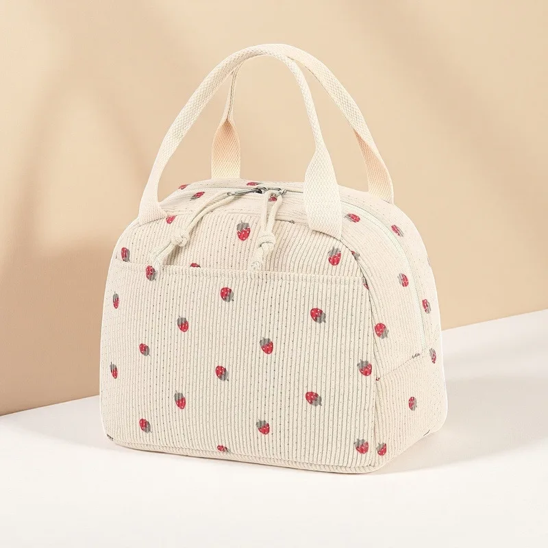 Large Capacity Corduroy Strawberry Lunch Bag Travel Business Trip Picnic Ice Pack Work Thermal Bag Cross-Border