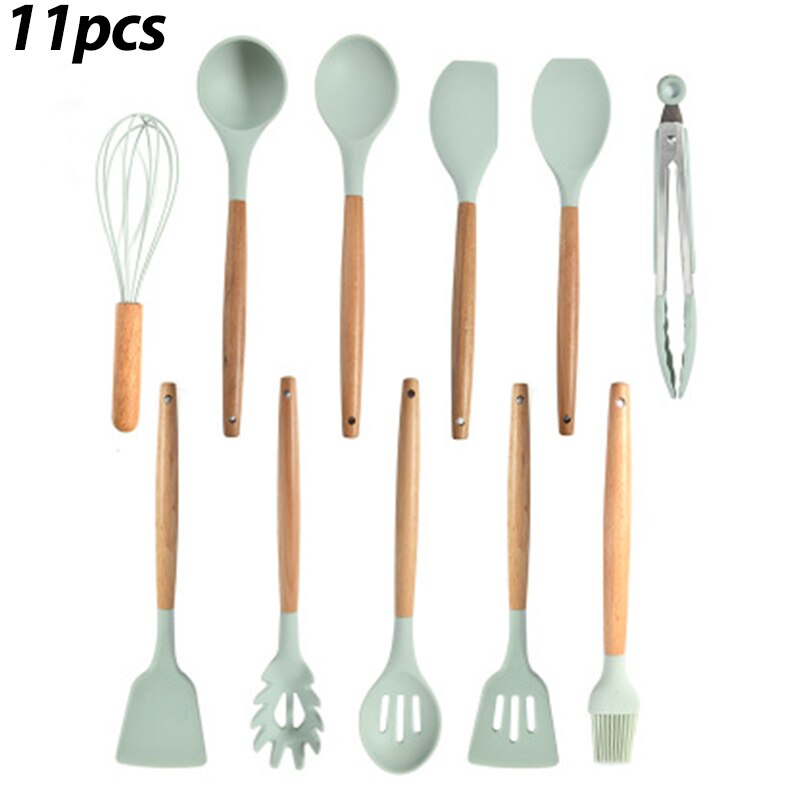 12/11PCS White Silicone Kitchenware Cooking Utensils Set Heat resistant Non-Stick Pan Cooking Spatula Spoon Wooden Handle: Blue 11pcs