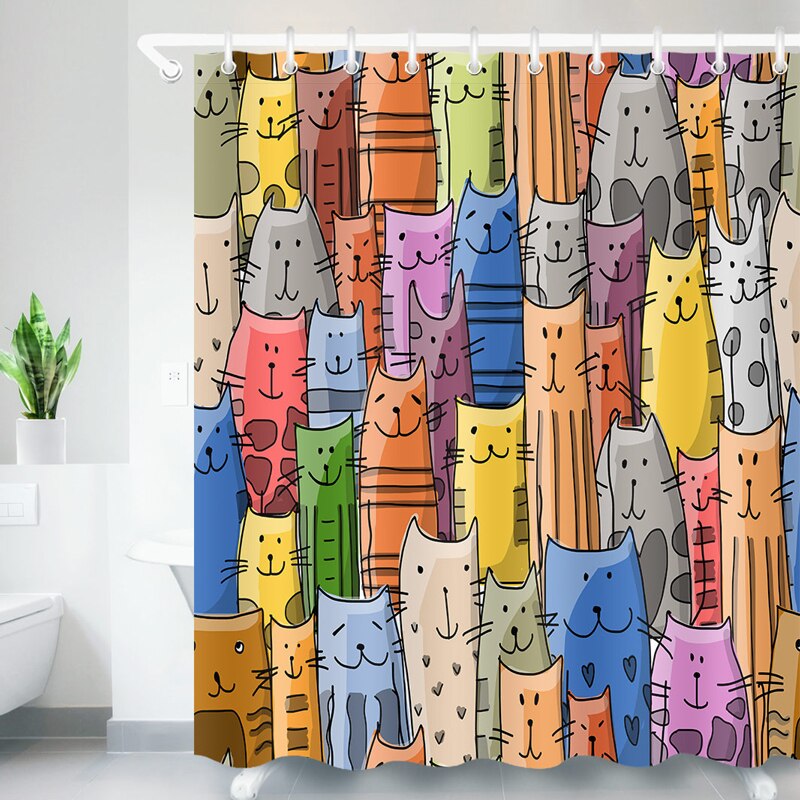 Kleurrijke Kat Gedrukt Bad Waterdicht Gordijn 3D Polyester Stof Douchegordijn met 12 Haken voor Mildewproof Badkamer Decor