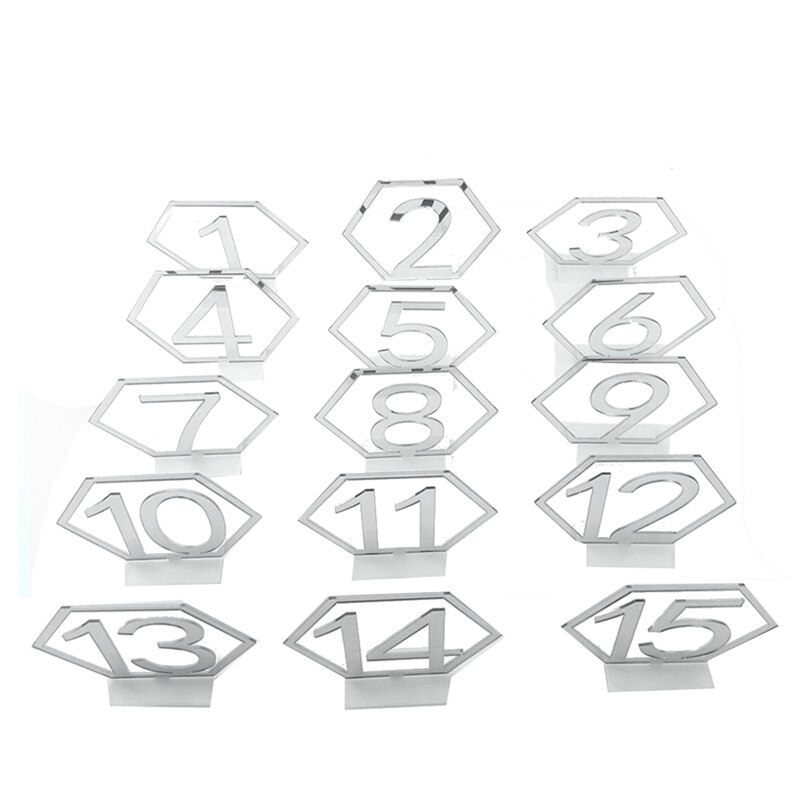 Espejo hexagonal hueco, número 1-15, asiento de boda, mesa, placa, decoración, manualidades: Plata