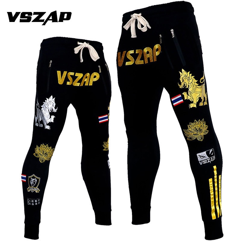 VSZAP hombres de bordado pantalones para pelea MUAY THAI Pantalones Fitness deportes MMA lucha Jogging pantalones de entrenamiento