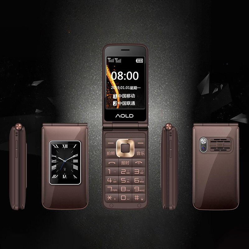 Flip Slanke Clamshell Mobiele Telefoon Voor Oude Senior Mensen Speed Dial Russisch Sleutel Dual Sim Metalen Case Torch Extra Licht: add 4G TF card / Brown