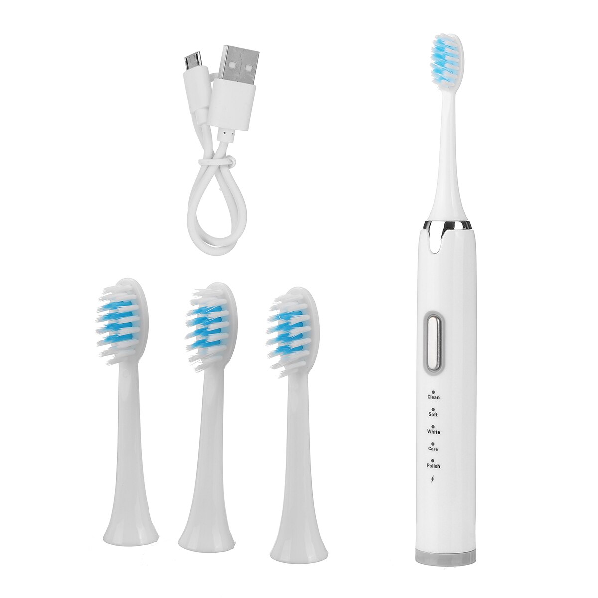 Electric Toothbrush USB Rechargeable Automatic Sonic ToothBrush 5 Models Waterproof Cleaning Bathroom Tool with 4 Brush Heads: Ivory