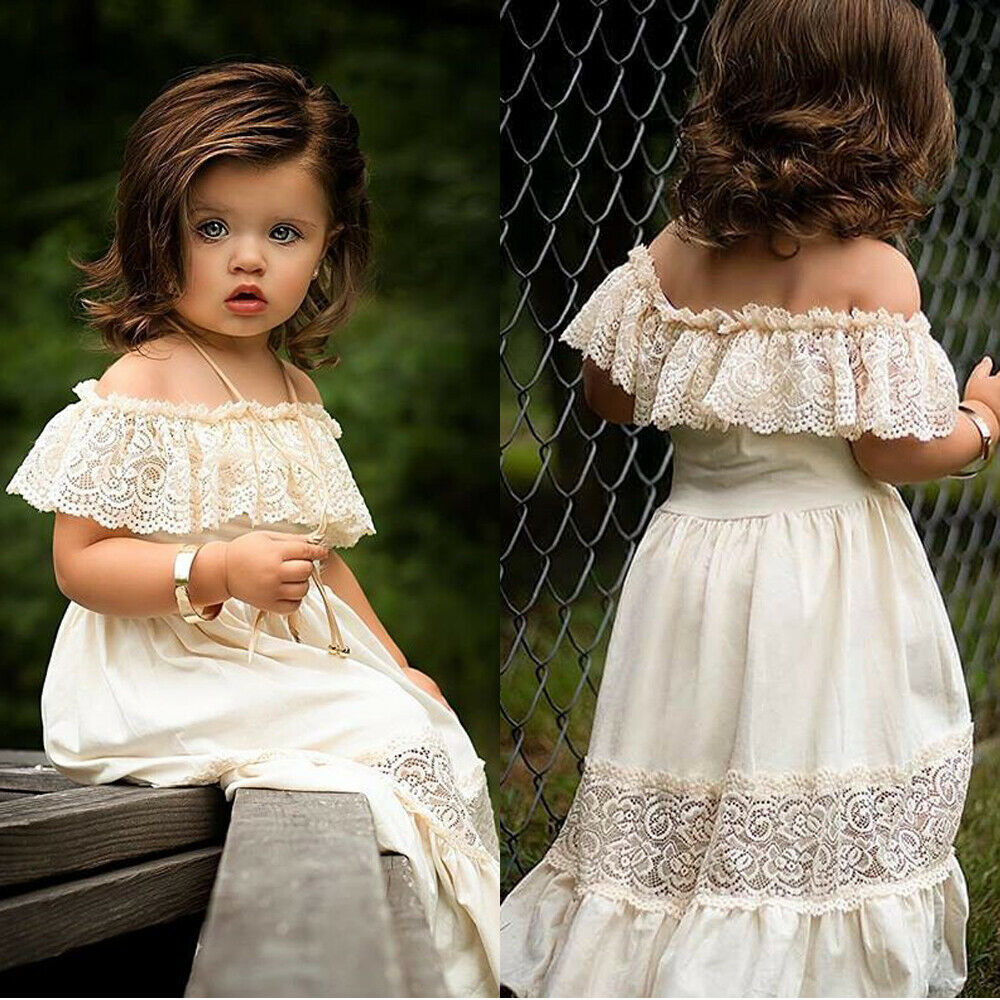 Pudcoco nyeste lille barn baby pige sommer kjole off skulder ensfarvet blonder blomst kjole fest formelle kjole sundress