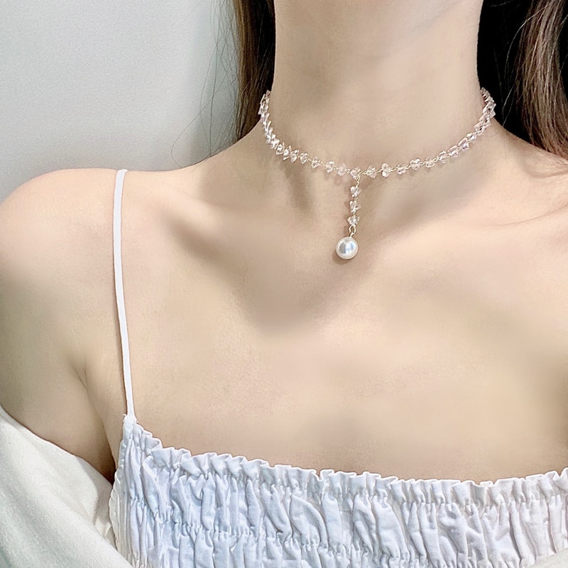 south Korean contracted temperament women necklace crystal pearl necklace female necklace tide female clavicle chain