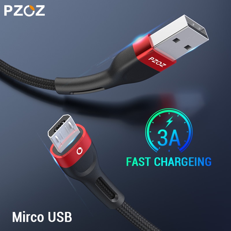 Pzoz cabo micro usb 3a, cabo de carregamento rápido para samsung huawei xiaomi redmi, honor, lg, dados android, carregador de celular microusb cabo de fio