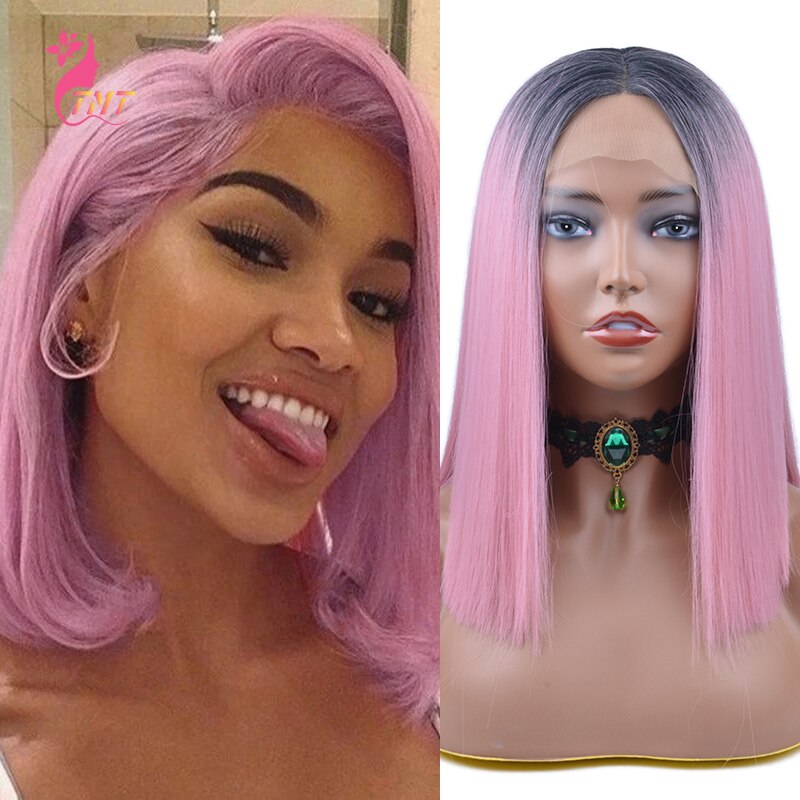 Short Synthetic Wigs Bob Middle Part Lace Front Wig Heat Resistant Straight Hair Natural Looking for Black Woman: 1B Pink