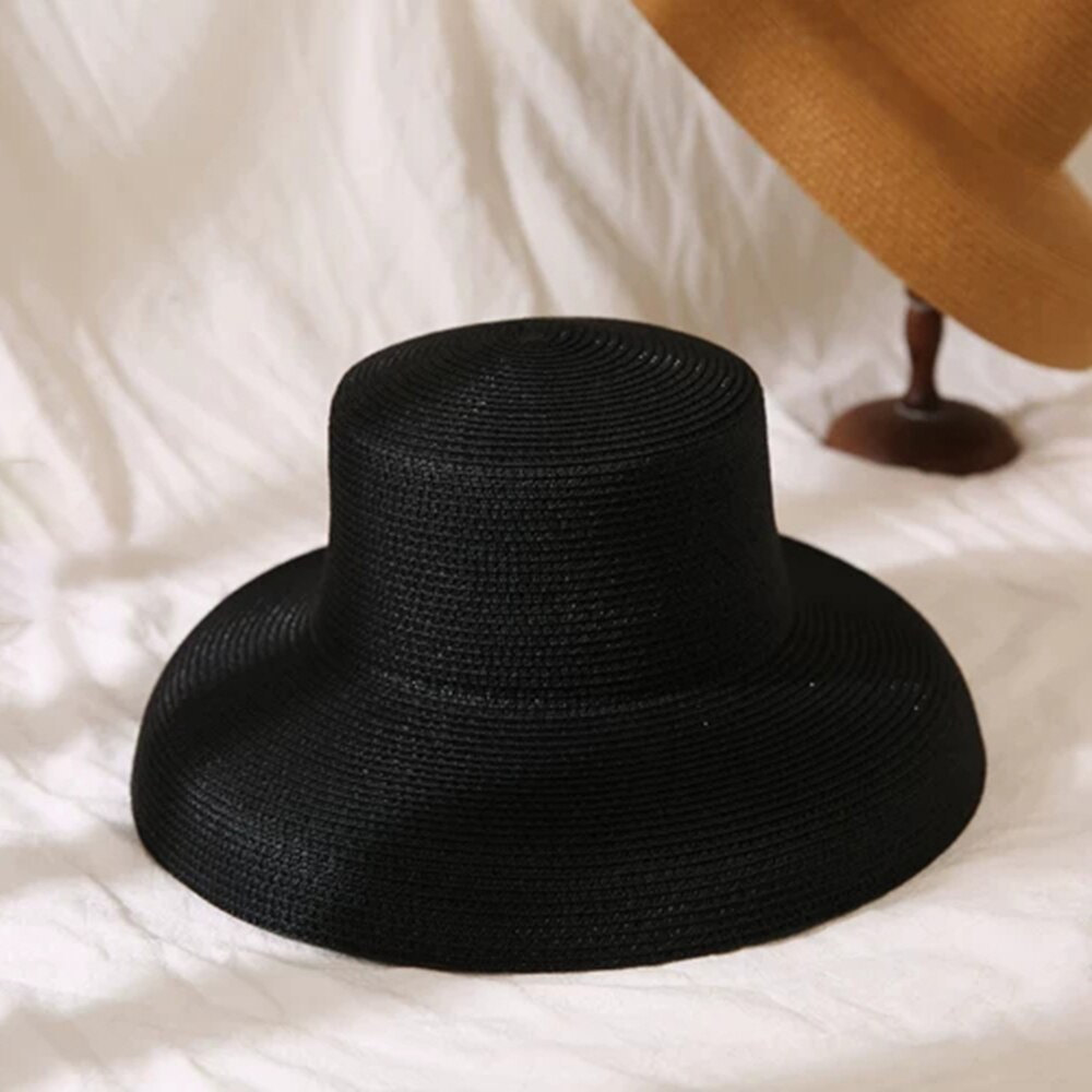 Sorte solhatte bucket cap til kvinder sommer stråhat flad top kvindelig strandhat panama hatte chapeu feminino: 2