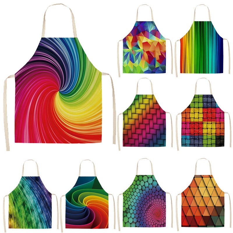 1Pc Rainbow Kleurrijke Geometrische Keuken Chef Schort Voor Vrouwen Katoen Linnen Bib Huishoudelijke Schoonmaken Overgooier Keukenschort 53*65Cm