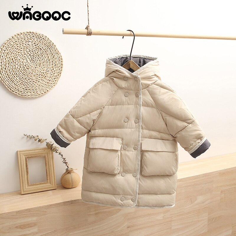 Børns vinter lang dunjakke børn 2-8 år gammel dreng pige hætte baby vintertøj tykkere varm jakke gedde: Beige / 3t