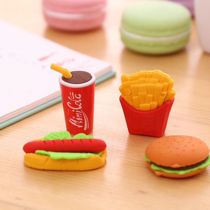 5pcs Cute Kawaii Eraser Hamburger Food French Fries Dog Eraser Office Correction Supplies