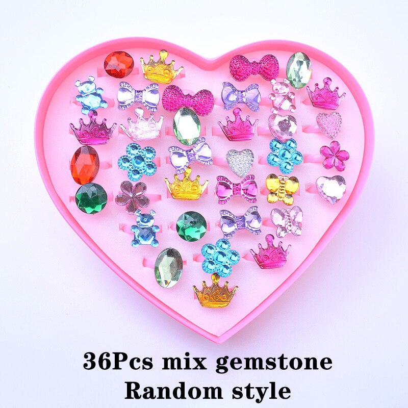 Conjunto de 12/24/36/Uds. De anillos de maquillaje para niña, joyería para niña, juguete con lazo de flor, juego de simulación, anillos para chicas, para niña: 36Pcs mix gemstone
