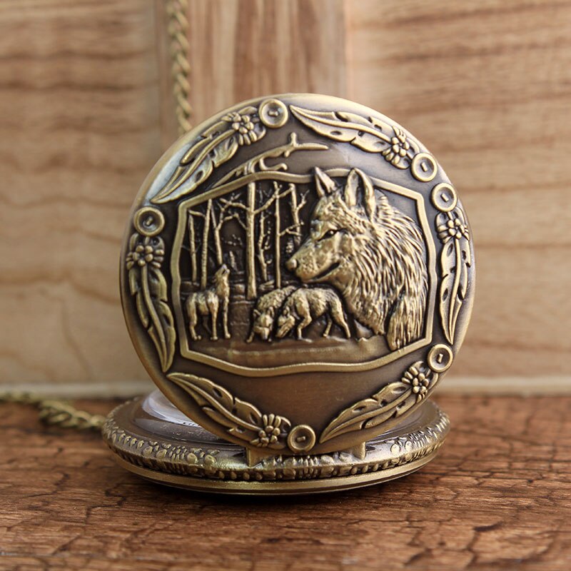 Retro Bronze Wolf Hollow Quartz Pocket Watch Mens Women Necklace Pendant FOB Chain Steampunk Pocket Watches: Bronze wolf