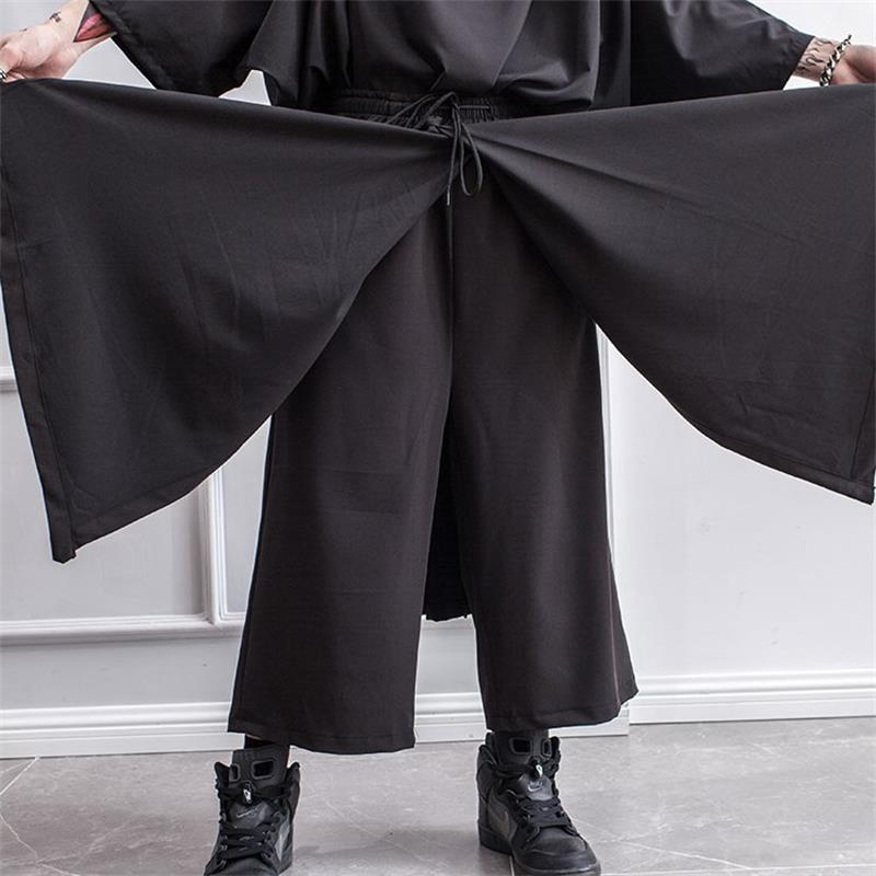 Pantalon ample pour homme, culotte faux deux jambes larges irrégulières, tenue de scène de style Yamamoto foncé