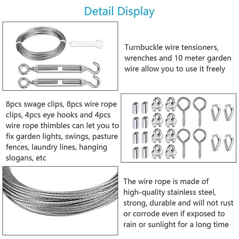 Cable Set with 10M Wire Rope M2 Wire Rope Clamp M5 Hook Eyelet Spanner Stainless Steel for Tent Ropes Washing Lines