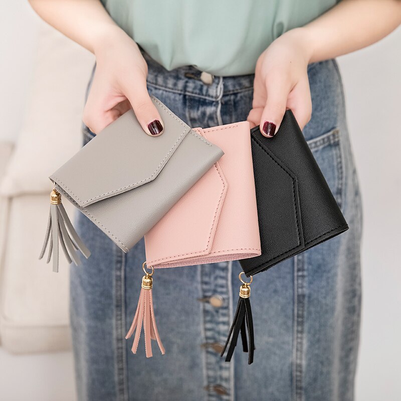 Trend Women Short Small Coin Purse Wallet Ladies PU Leather Folding Card Card Holder Tassel Decor Casual Bags