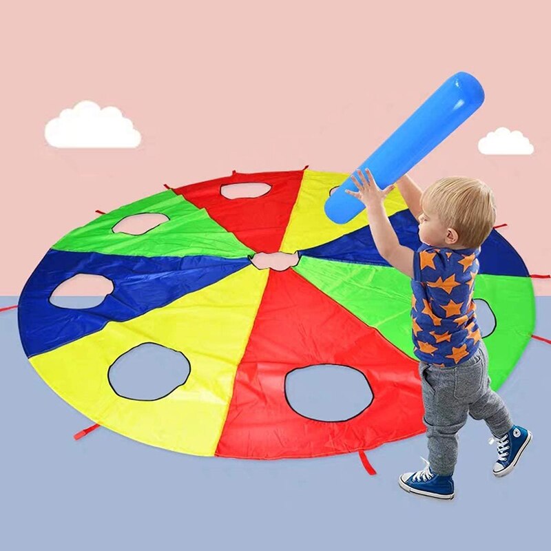 Rainbow Parachute Parachute 6 Feet, Play Parachute Outdoor Game (W Mouse) Activity Toy with 3x Air Sticks 2M