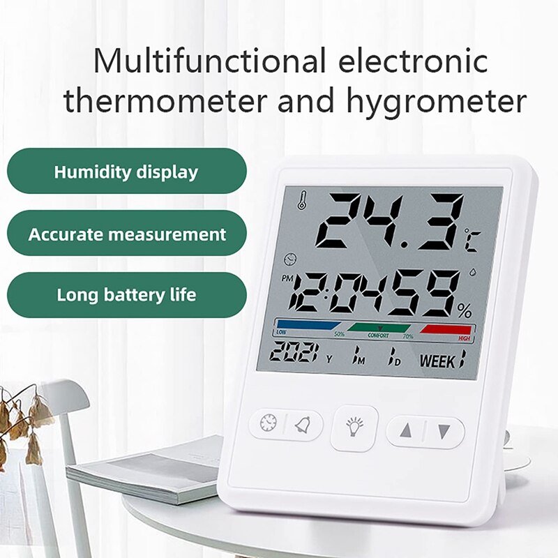 Hygrometer Indoor Thermometer With Clock, Desktop Digital Thermometer With Temperature And Humidity Monitor For Home