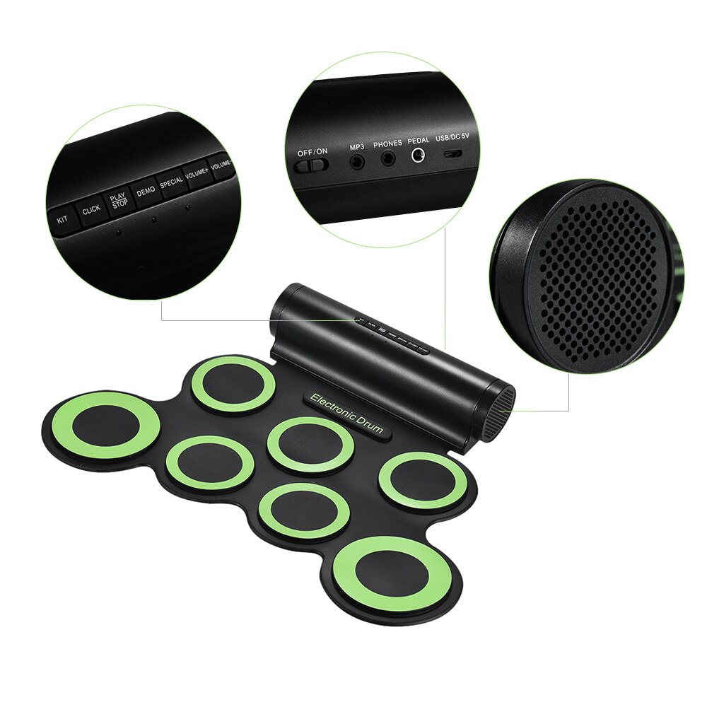 Digital Stereo Roll up Drum Electronic Drum Set 7 Silicon Pads USB Powered Built-in Speaker with Drumsticks Foot Pedals