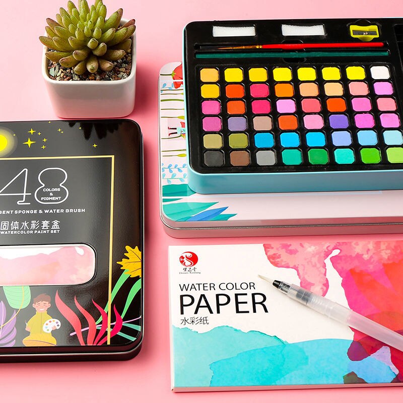 36/48 Kleuren Aquarel Verf In Delicate Doos Effen Aquarellen Met Kwast Aquarel Papier Schilderen Set Art Supplies
