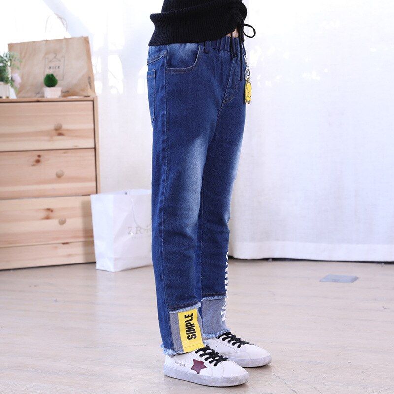 Meninas jeans roupas de inverno mais veludo calças calças de moletom quente velo adolescente menino denim calças de remendo crianças roupa azul