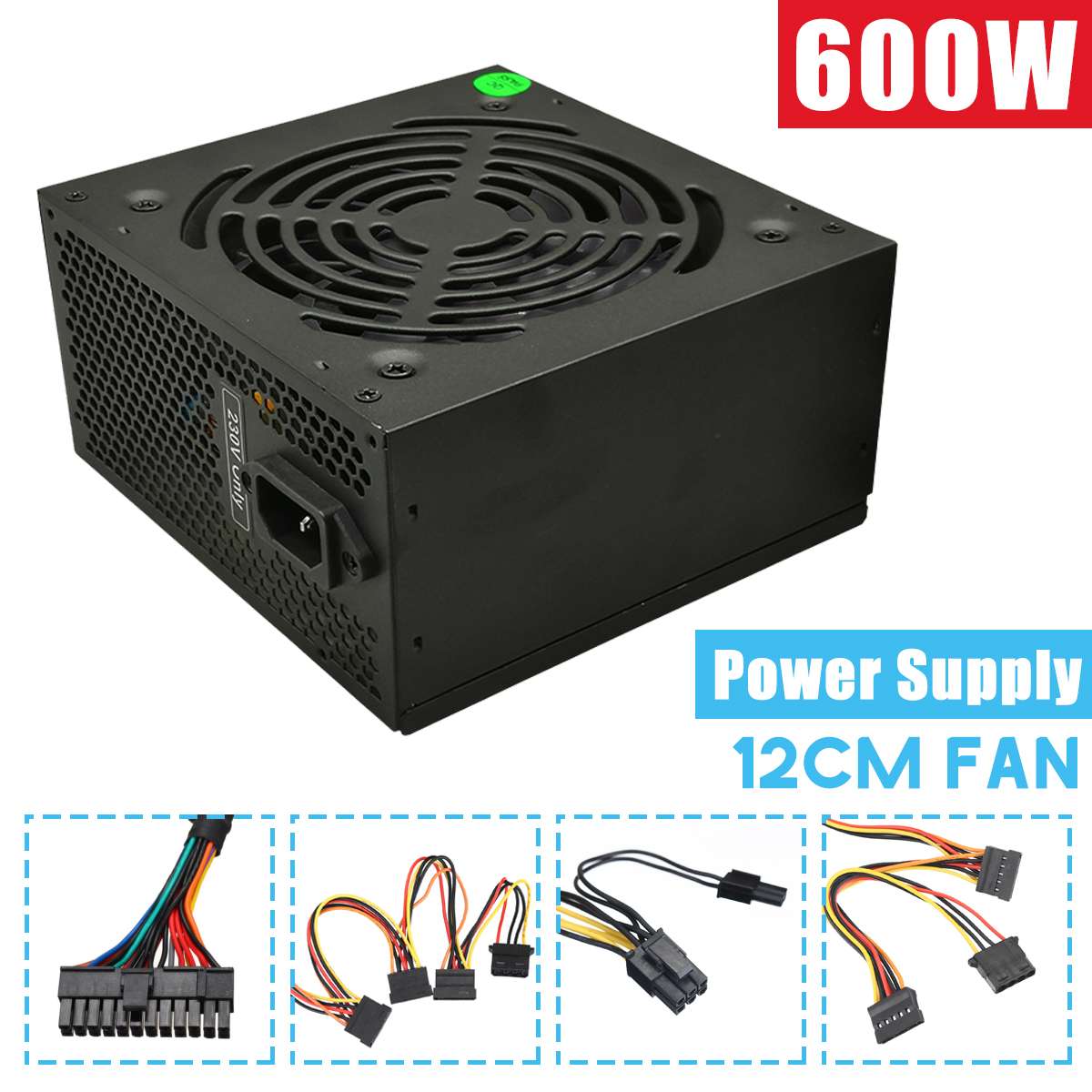 600W Pc Computer Voeding Computer Pc Cpu Voeding 20 + 4-Pin 12Cm Fans Atx 12V Molex Pcie W/Sata Pci Sluit Computer