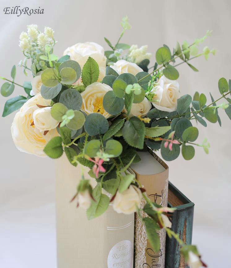 Handmade Country Wedding Bouquet Beautiful Artificial Flowers Green Eucalyptus White Rose Romantic Bridal Flowers Bouquet