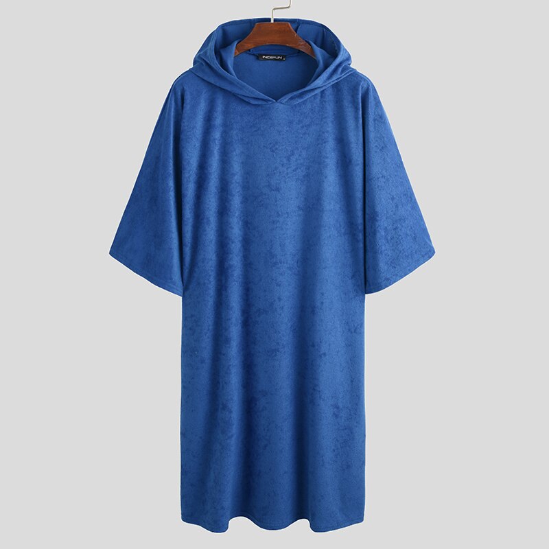 Men Bathrobes Solid Hooded Half Sleeve Leisure Towel Robes Comfortable Homewear Mens Nightgown Bathrobes Poncho INCERUN S-5XL: Blue / XXXL