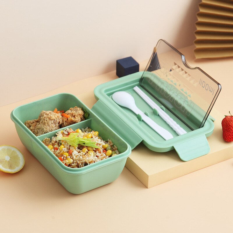 1100ml Microwave Lunch Box Portable 2 Layer Food Container Healthy Lunch Bento Boxes Lunchbox With Cutlery: Green