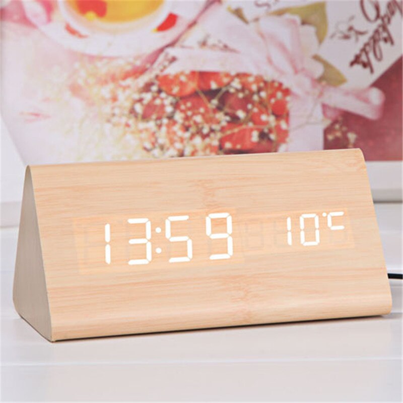 Creatieve Digitale Klok Houten Elektronische LED Tijdweergave Temperatuur Vochtigheid Detecteren Zetel Klok Slaapkamer Nachtkastje Wekker