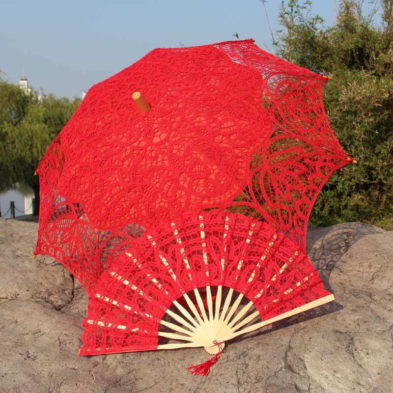 19 eeuw Populaire Steampunk Stijl Handgemaakte Battenburg Kanten Parasol Kant Fan Set Bruiloft Paraplu: A0104 red